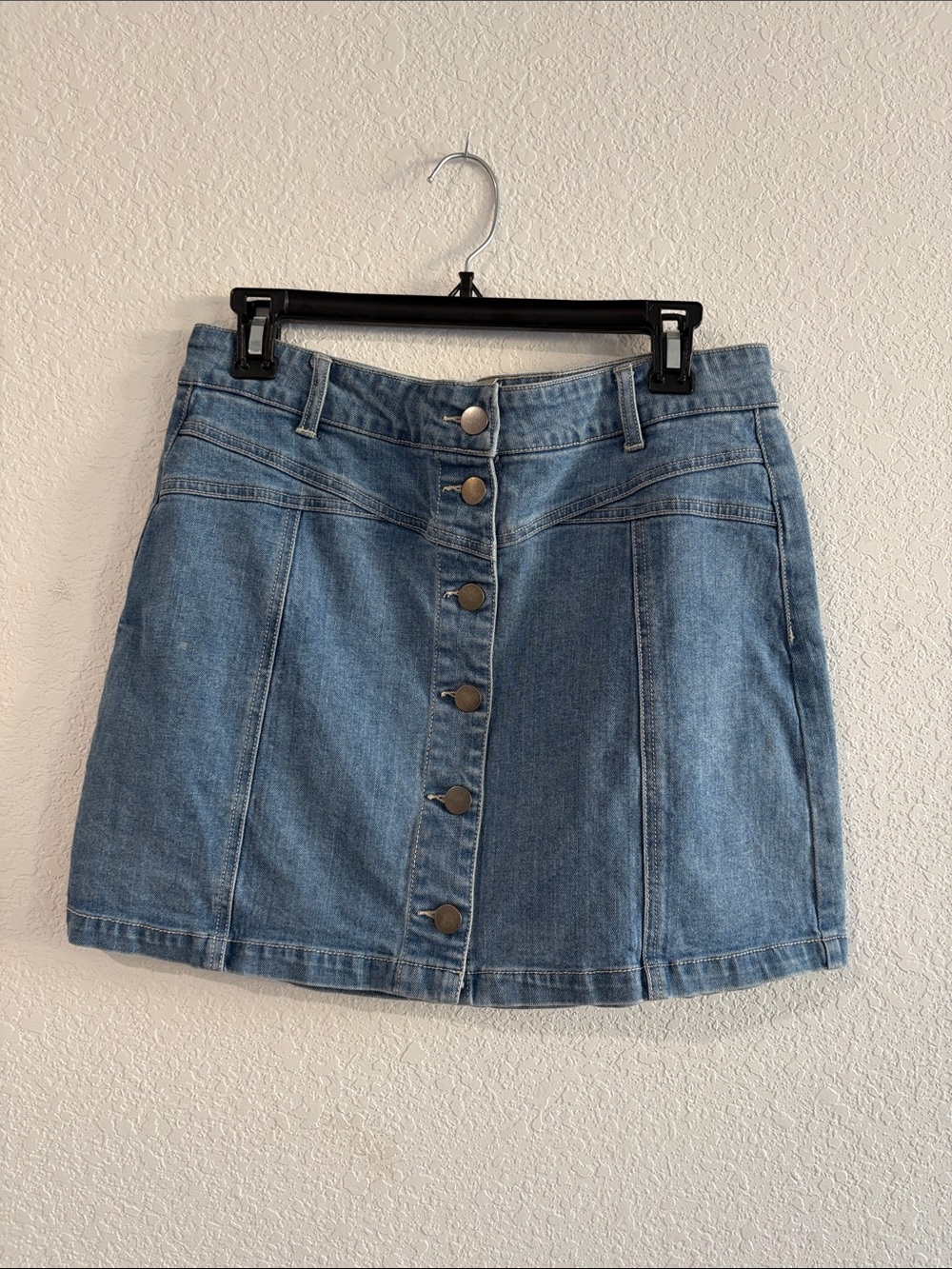 Button-Front Light Blue Denim Mini Skirt